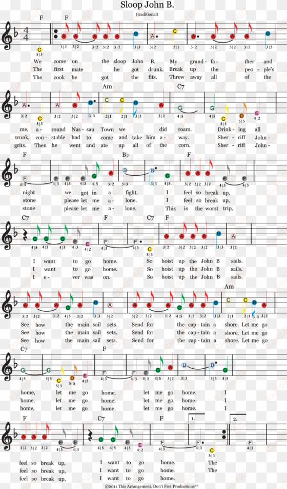 easy guitar sheet music for sloop john b featuring - piano music color coded