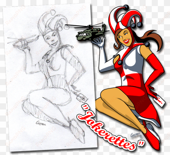 example of an initial sketch and final 'getz girl' - helicopter pin up girl