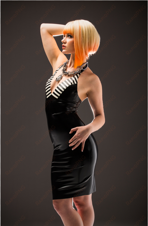 fashion shot of blonde woman in black and white latex - little black dress