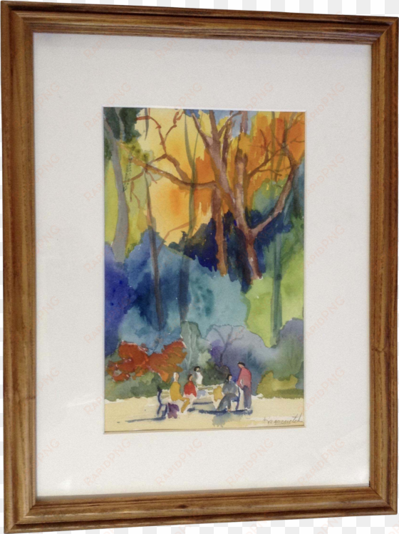 figural's sitting at park benches in the autumn, watercolor - picture frame