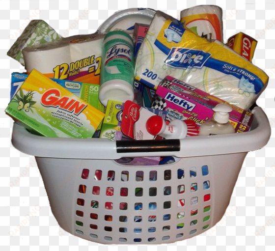 fill a laundry basket with new, unopened, full-sized - housewarming shower gifts