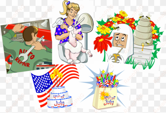 five vector illustrations, auto mechanic, dog groomer, - independence day