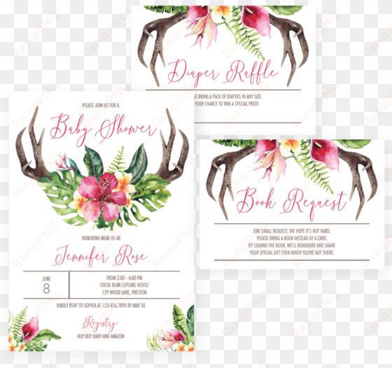 floral antler baby shower invitation set download by - bohemian invitation template