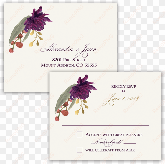 floral wedding rsvp postcard purple burgundy flowers - african daisy