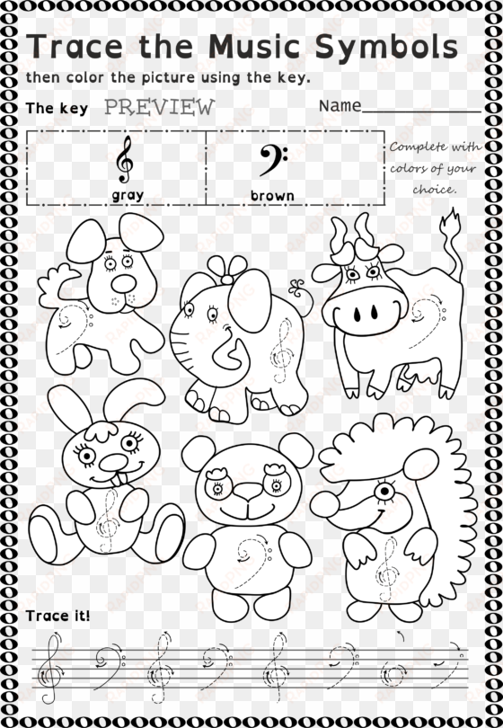 funny worksheets to trace basic music symbols for younger - music theory worksheet for child treble clef tracing