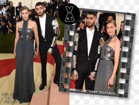 gigi hadid in tommy hilfiger & zayn malik in versace - met gala men outfit