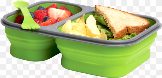 green collapsible luchbox with spork that has two compartment - eco plastic collapsible single section lunch kit (green)
