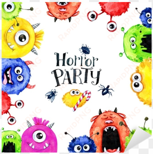 hand drawn square frame with watercolor funny monster - watercolor horor party