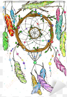 hand drawn watercolor dream catcher from tree branches - dibujo de plumas y atrapasueños