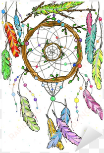 hand drawn watercolor dream catcher from tree branches - dibujo de plumas y atrapasueños