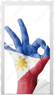 hand making ok sign, philippines flag painted door - philippine flag design hand art