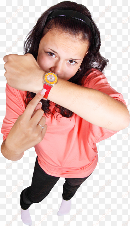 happy young girl pointing finger at her watch png image - pointing to watch png