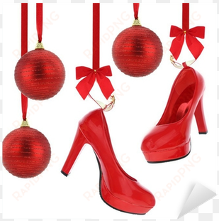 high heels shoes and christmas balls hanging on red - tacones colgando