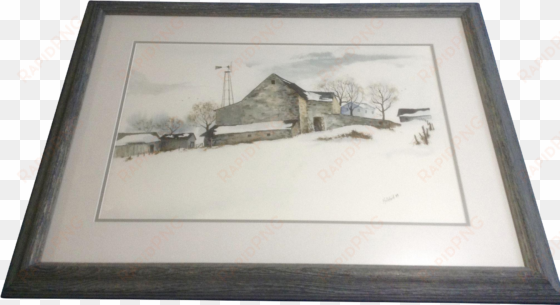 hollifield watercolor painting on paper barn in winter - picture frame