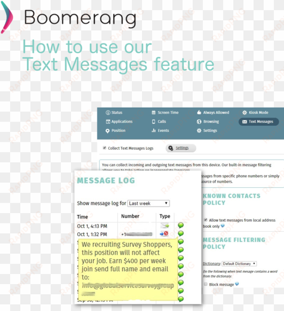 howto use text messages feature - boomerang