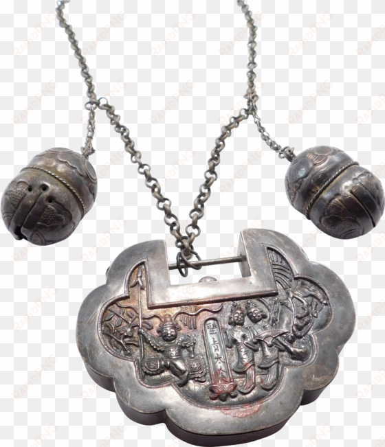 huge rare chinese silver repousse lock pendant with - locket