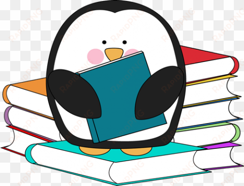 image of penguin with a pile of books - penguin reading a book