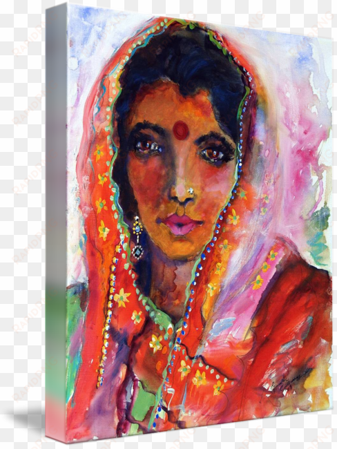 #indian #woman with #red #bindi mixed media painting - gallery-wrapped canvas art print 11 x 13 entitled indian