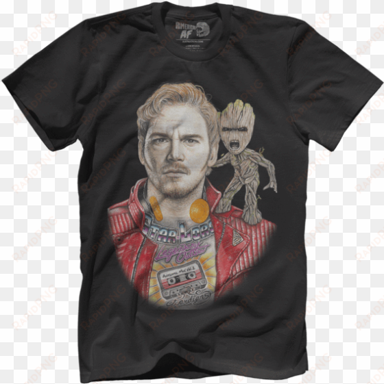 inked star lord and baby groot - border wall t shirt