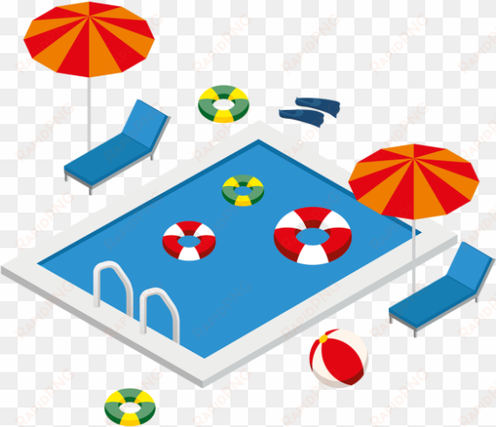 isometric swimming pool with summer elements, isometric, - isometric swimming pool