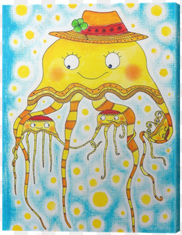 jellyfish family, child's drawing, watercolor painting - watercolor painting