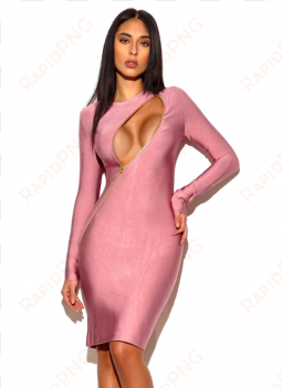 "kalis" sexy asymmetric zip long sleeve pink bandage - long sleeves sexy dress bandage