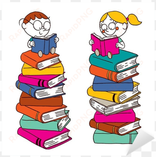 kids reading on a big pile of books sticker • pixers® - pile of reading books