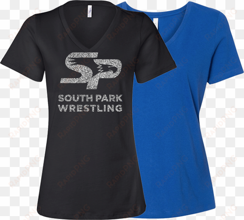 ladies bella v-neck tee with south park eagle wrestling - neckline