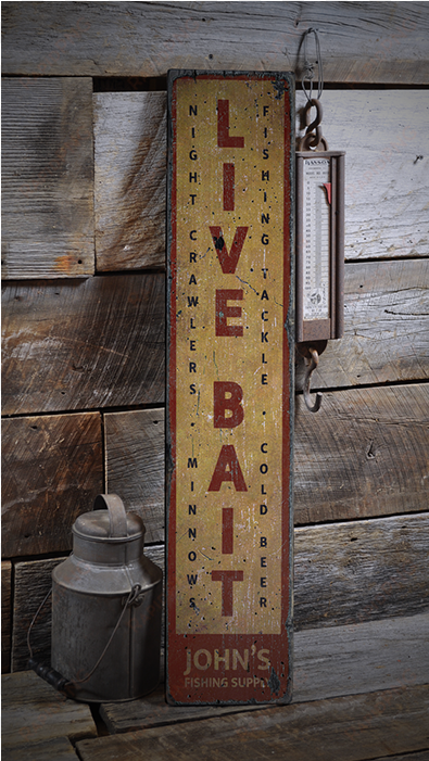 live bait, vertical bait shop, custom - vertical groceries wooden sign - 7.25 x 36 inches