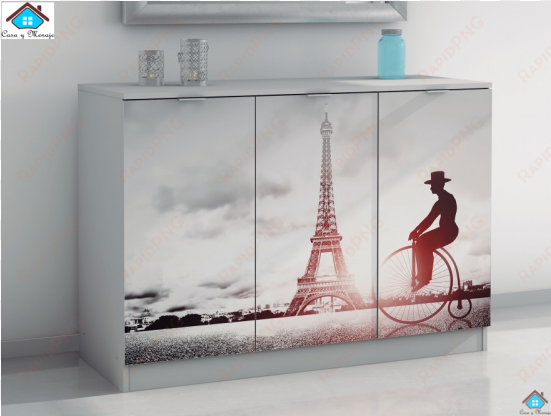 mueble aparador blanco decorado imagen de torre eiffel - sz suárez wezen 3 door sideboard white / bicycle paris.120x45x85,9cm