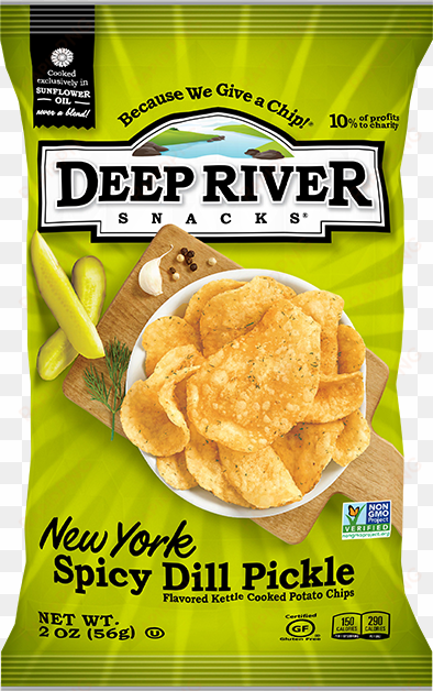 new york spicy dill pickle kettle cooked potato chips - deep river snacks potato chips, kettle cooked, new
