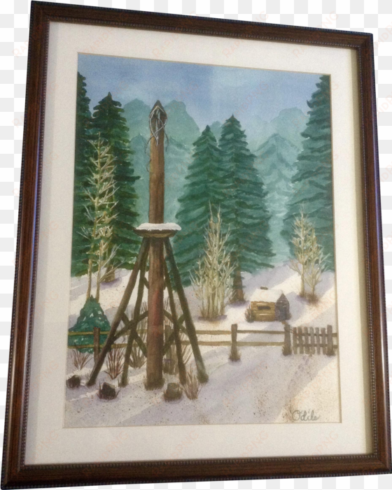 odic, watercolor painting, rural totem pole by log - picture frame
