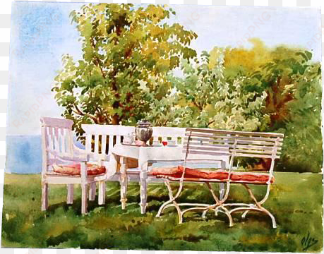 original signed watercolour of table and seating in - hvidøre