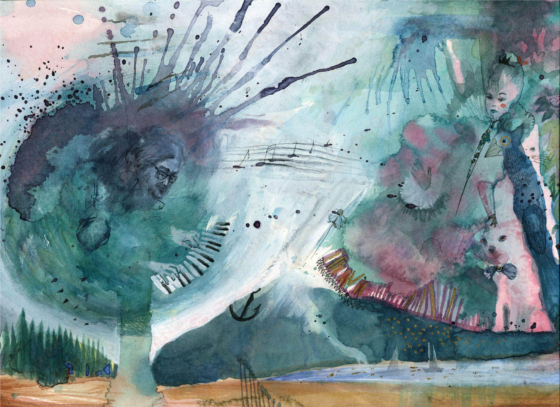 original surrealistic mixed media painting of musician - music
