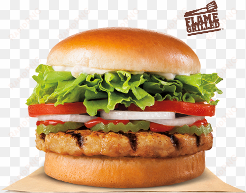 our flame grilled chicken burger features a savory - grilled chicken patty burger