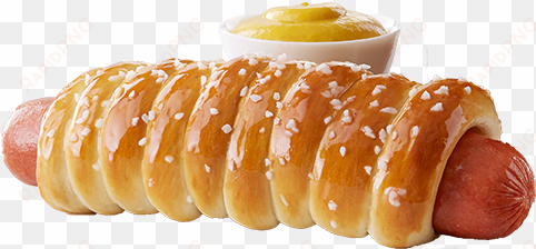 our signature pretzel dough wrapped around a plump - pretzel dog