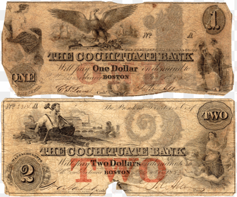 pair of 1850s $1 & $2 cochituate bank of boston, ma - massachusetts