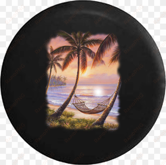 palm trees hammock by the beach ocean island jeep camper - paradise sunset beach palm trees art image poster gloss