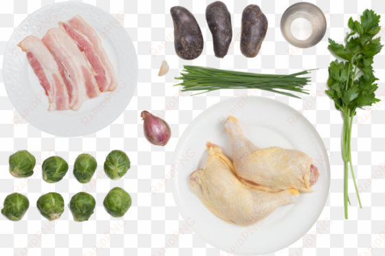 pan-seared chicken legs with purple potatoes, brussels - samgyeopsal