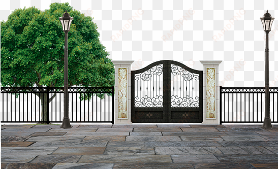 park entrance gate fence pillars lamps pos - puerta de un parque