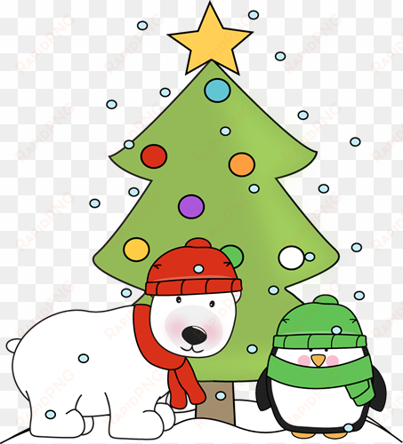 penguin, polar bear, and christmas tree in the snow - winter christmas clip art