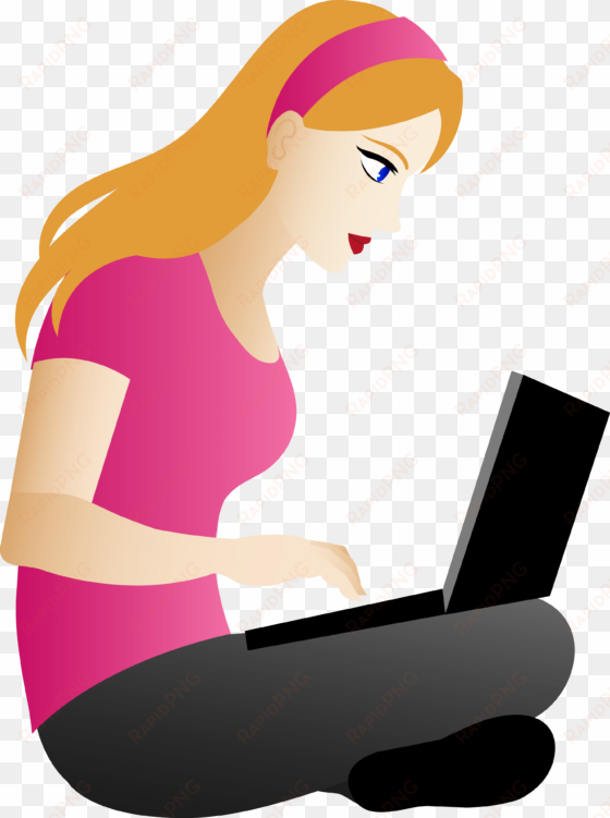 people young blonde redhead woman sitting laptop - teacher clipartpng