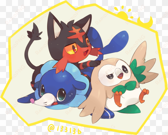 poppilo, litten, and rowlet - pokemon sol y luna iniciales