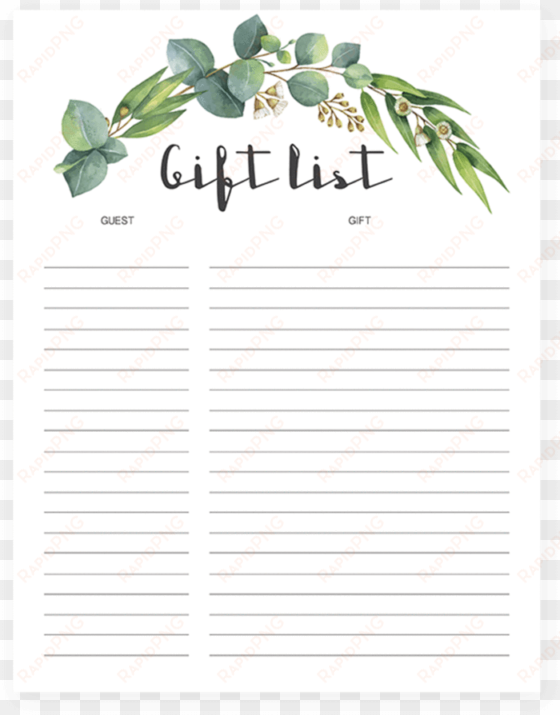 printable gift tracker with watercolor green leaves - watercolor green leaf png