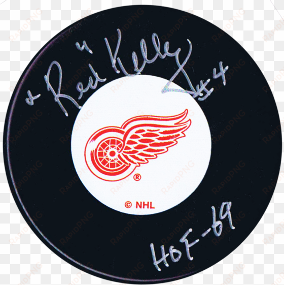 red kelly autographed detroit red wings puck - nhl - brett hull signed puck - black -