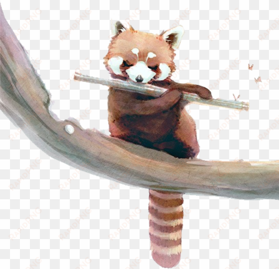 red panda giant panda raccoon watercolor painting squirrel - red panda playing flute