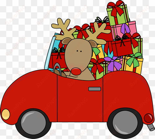 reindeer driving a car filled with gifts - christmas car clipart