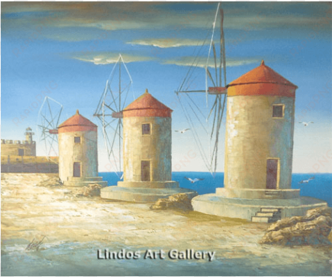 rhodes windmills oil painting - lindos art gallery