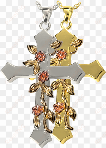 rose vine cross jewelry shown in silver and gold metal - memorial gallery 3306s cremation jewelry rose vine