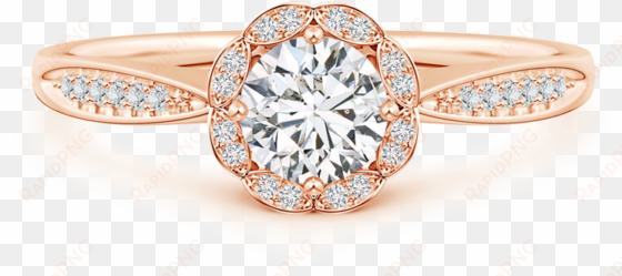 round lab grown diamond scalloped halo ring with leaf-accents - round lab grown diamond scalloped halo ring